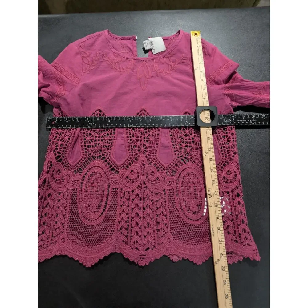 ANTHROPOLOGIE CHLOE OLIVER XS PINK Embroidered Bell Sleeve Boho Top COTTAGECORE